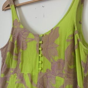 Anthropologie chartreuse maxi dress with lavender embroidered flowers - small
